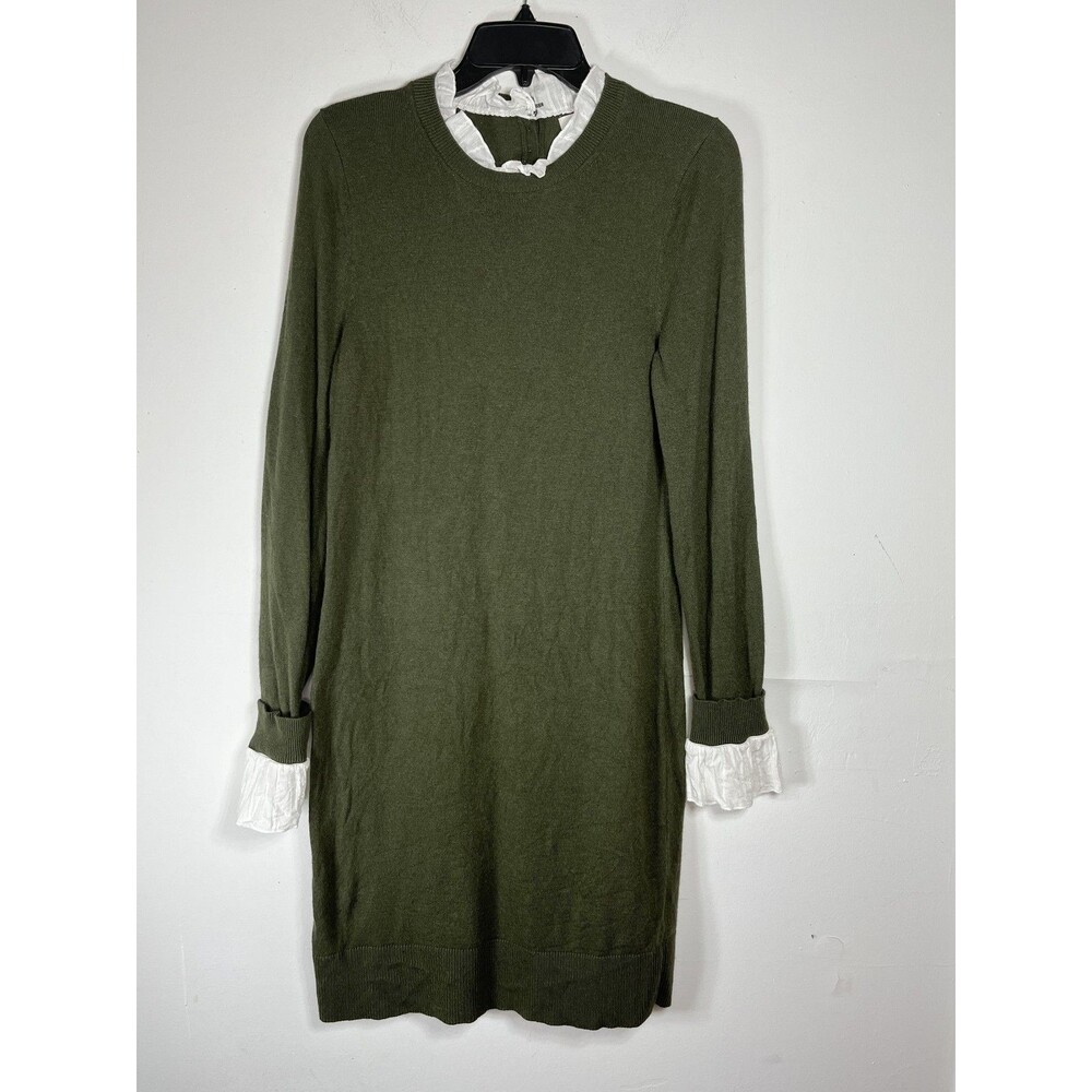Boden Sweater Dress Womens 8 Green Knit Long Sleeve Ruffle Cuff Collar Short